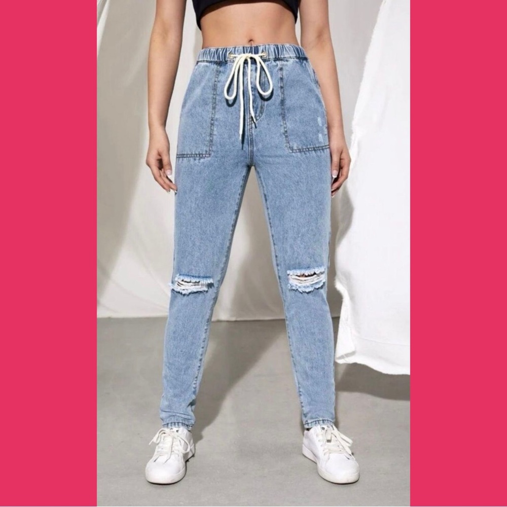High Waist Drawstring Ripped Jeans